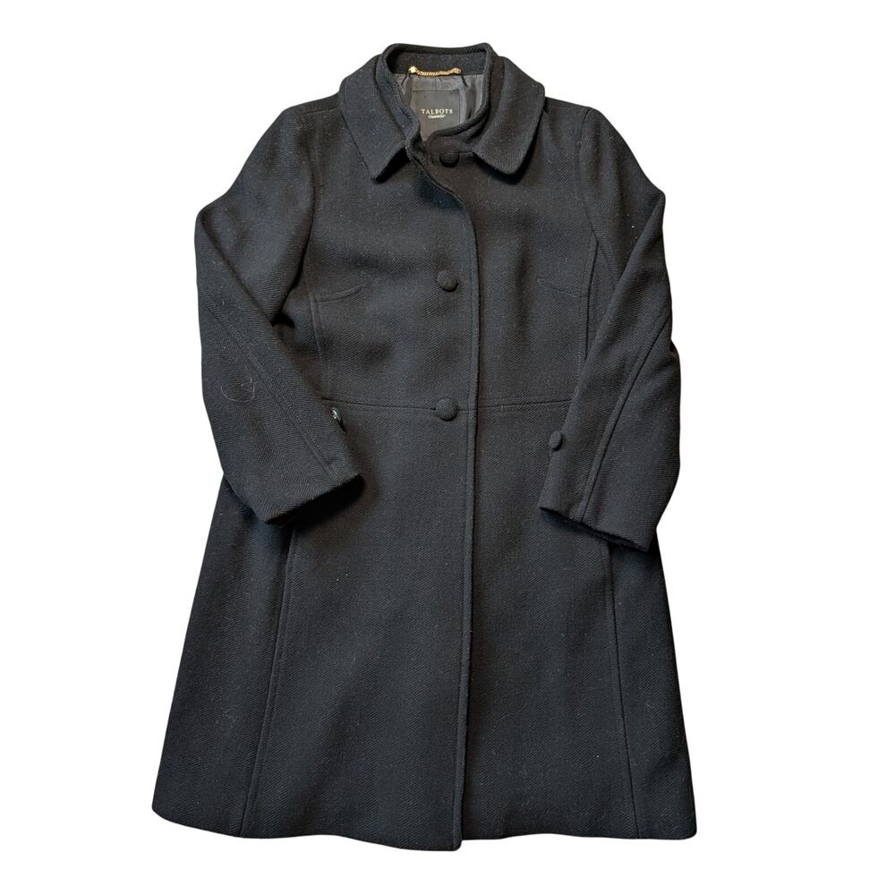 Talbots Women’s Black Princess Seam Button Front Wool Blend Long Coat Size 16